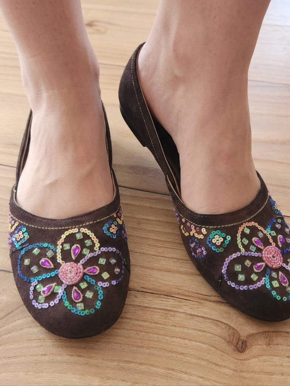 dELiA*s Women's Vintage Y2K Brown Suede Embellished Sequin Ballet Flats - 7